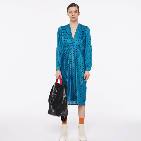 Plan C Mountain Sky (blue) Polka dot Pleated Midi Dress - Picture 3 of 7